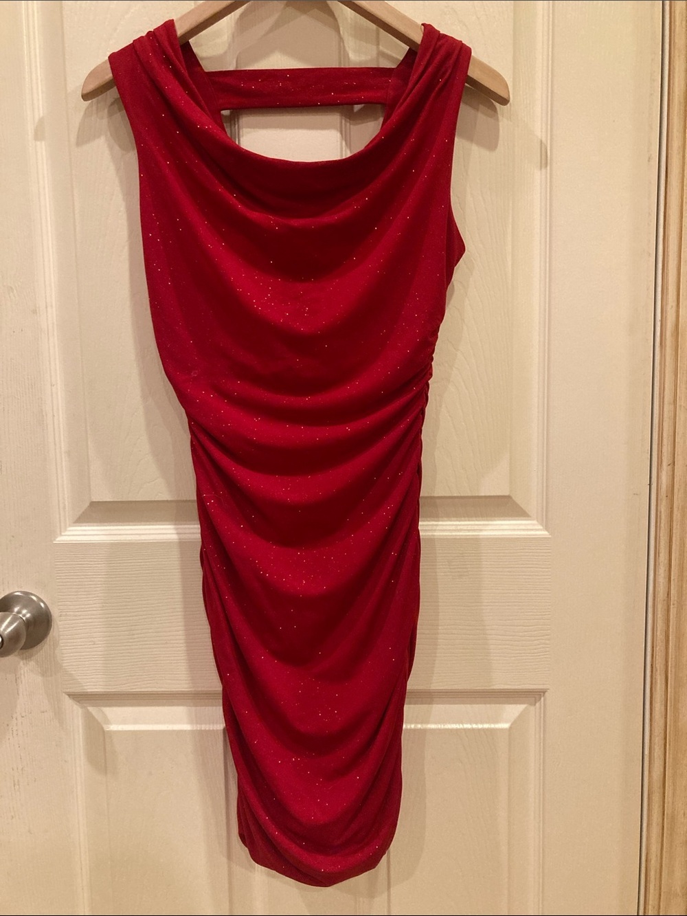 Sweet Storm Red Sleeveless Cowl Midi Dress with Sparkle